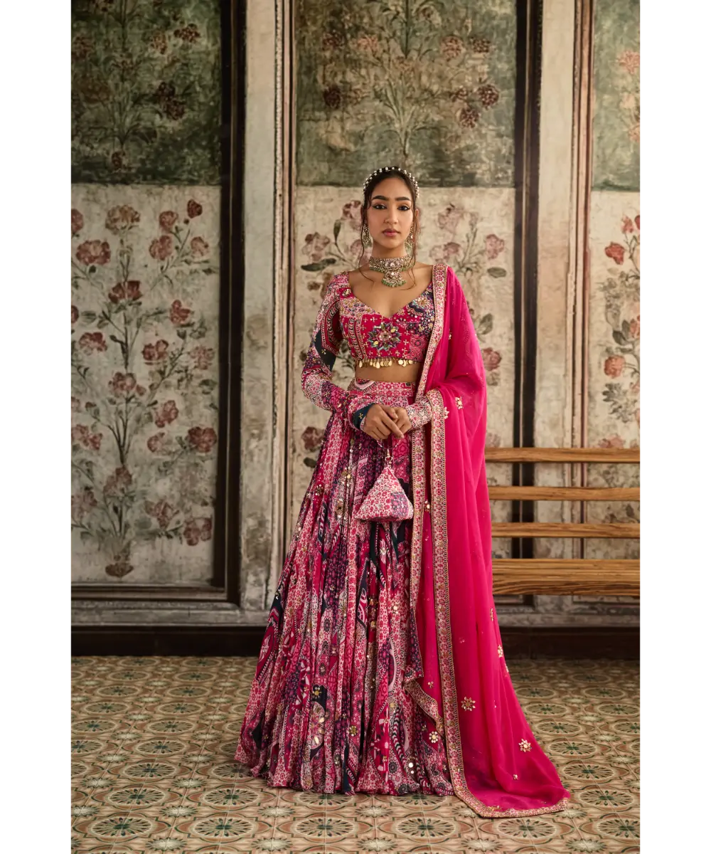 DIYARAJVVIR - FUSCHIA PRINT AND HIGHLIGHTED ANGRAKHA BLOUSE LEHENGA SET
